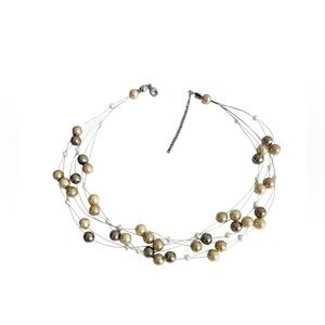Floating Pearl Collar Necklace Triple Silver Wire Cream Tan White